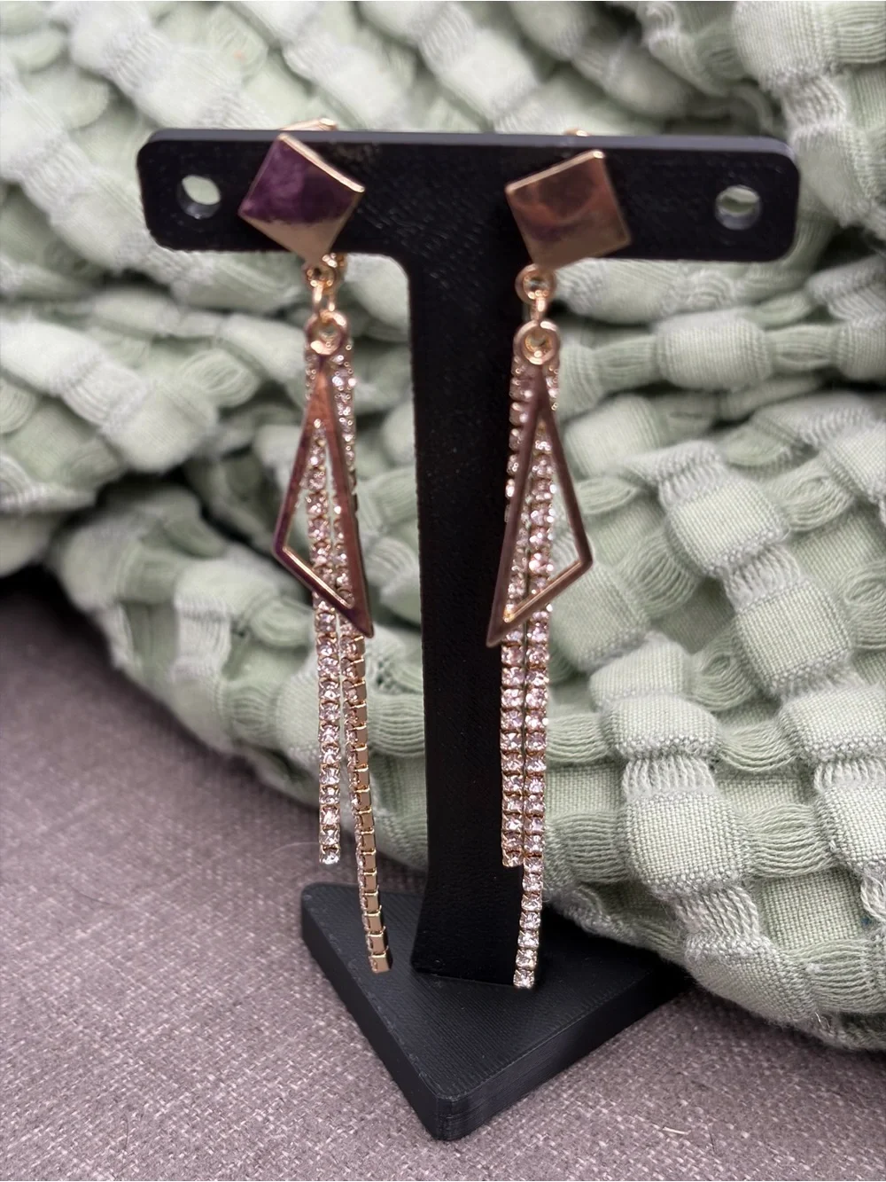Gold Tone Geometric Rhinestone Tassel Clip-On Earrings